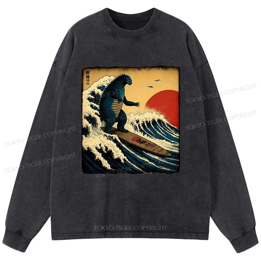 Tokyo-Tiger The Great Wave Godzilla Washed Long Sleeve T-Shirt