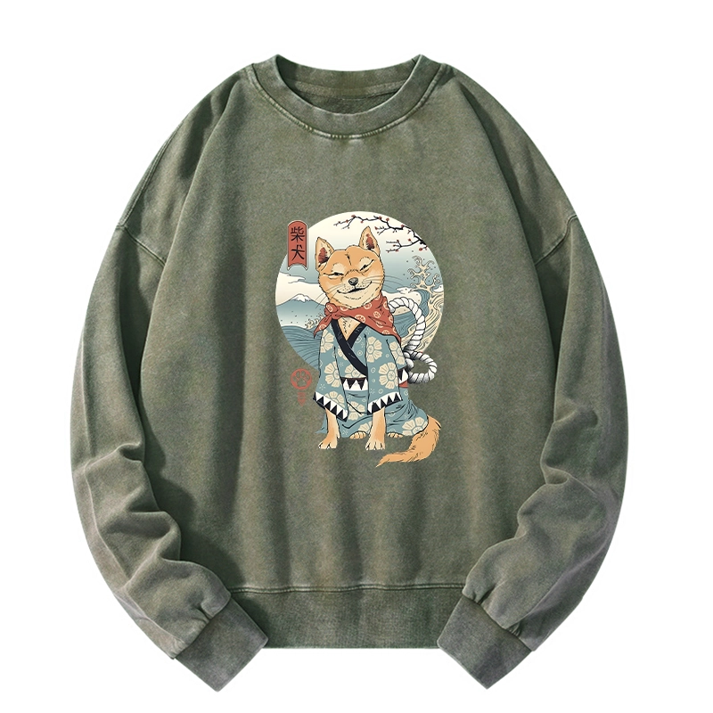 Tokyo-Tiger Samurai Shiba Dog Japanese Washed Sweatshirt