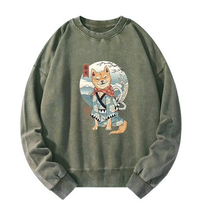 Tokyo-Tiger Samurai Shiba Dog Japanese Washed Sweatshirt