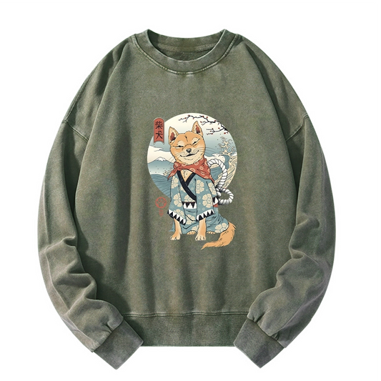 Tokyo-Tiger Samurai Shiba Dog Japanese Washed Sweatshirt