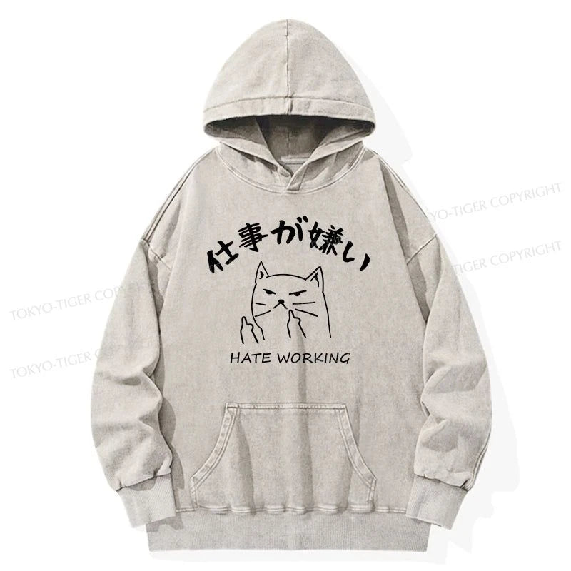 Tokyo-Tiger A Cat That Hates Work Washed Hoodie