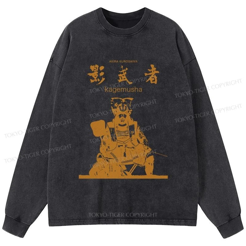 Tokyo-Tiger Japanese Shadow Samurai Washed Long Sleeve T-Shirt