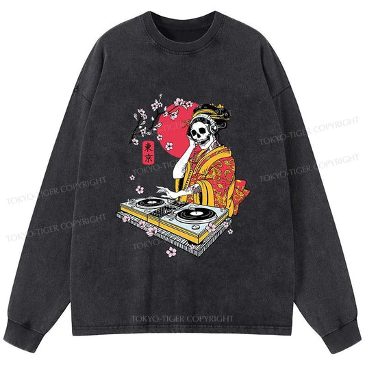 Tokyo-Tiger Japanese Geisha DJ Skull Washed Long Sleeve T-Shirt