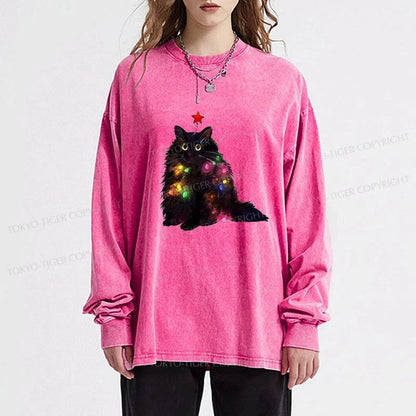 Tokyo-Tiger Christmas Lights Cat Washed Long Sleeve T-Shirt