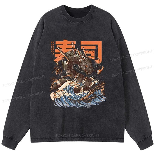 Tokyo-Tiger The Great Sushi Dragon Wave Washed Long Sleeve T-Shirt