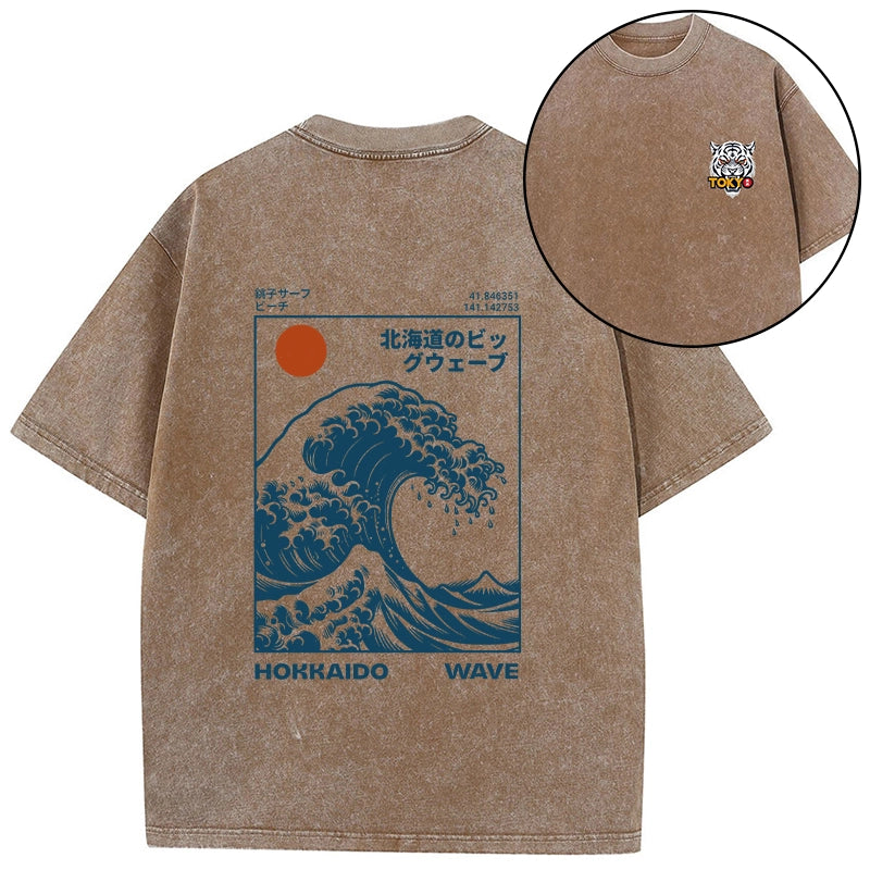 Tokyo-Tiger Hokkaido Wave Japan Front Back Washed T-Shirt