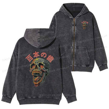 Tokyo-Tiger Terrifying And Disgusting Skull Washed Zip Hoodie