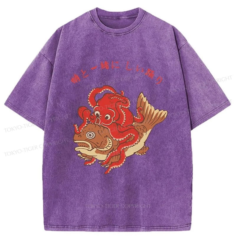 Tokyo-Tiger Octopus And Koi Dance Together Washed T-Shirt