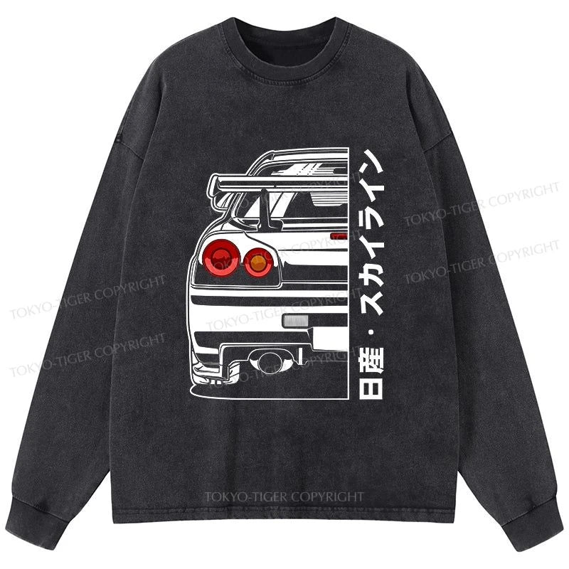 Tokyo-Tiger Nissan Skyline GTR R34 Washed Long Sleeve T-Shirt