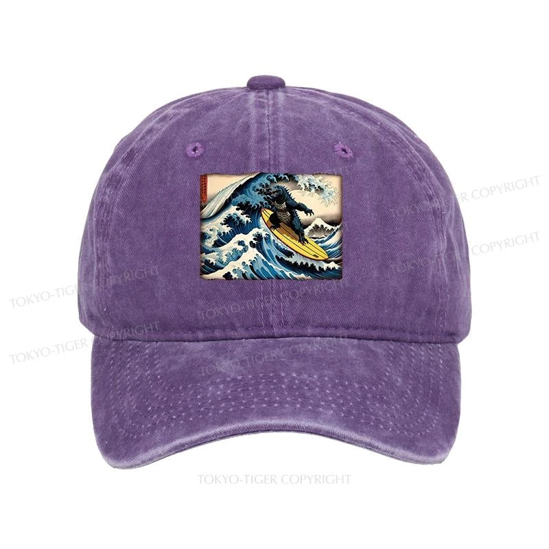 Tokyo-Tiger Dinosaur Surfing Japanese Washed Cap