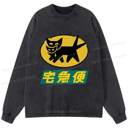 Tokyo-Tiger Black Cat Quick Transport Washed Long Sleeve T-Shirt