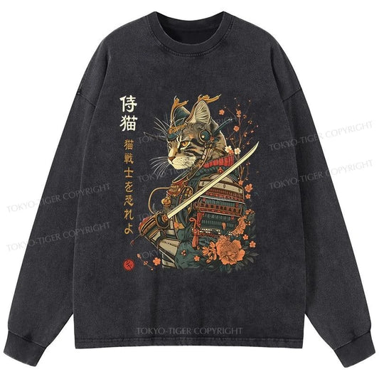 Tokyo-Tiger Cat Samurai Japanese Art Washed Long Sleeve T-Shirt