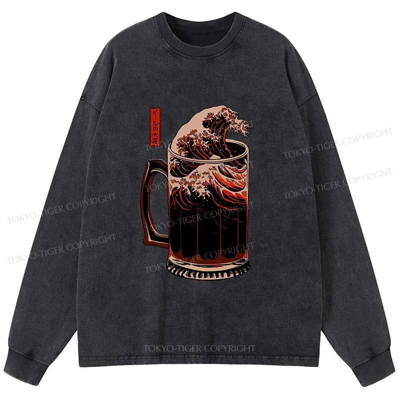 Tokyo-Tiger The Great Wave Of Beer Japanese Washed Long Sleeve T-Shirt