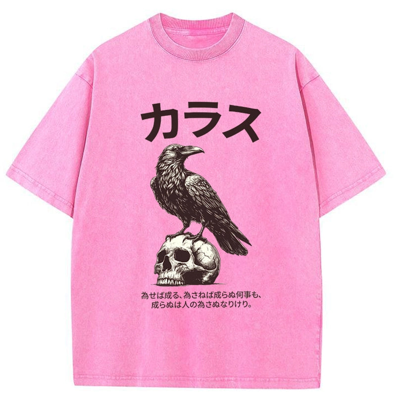 Tokyo-Tiger Black Raven On A Skull Washed T-Shirt