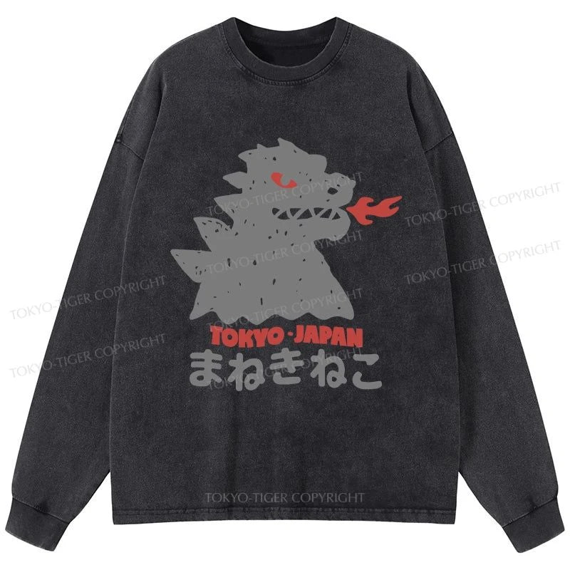 Tokyo-Tiger Japanese Fortune Cat Washed Long Sleeve T-Shirt