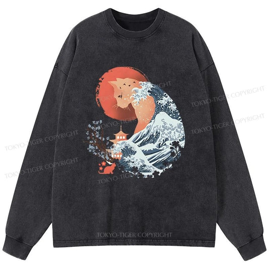 Tokyo-Tiger Spirit Cat Wave Japan Washed Long Sleeve T-Shirt