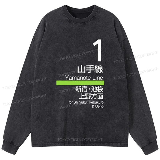 Tokyo-Tiger Tokyo Yamanote Line Platform Sign Washed Long Sleeve T-Shirt