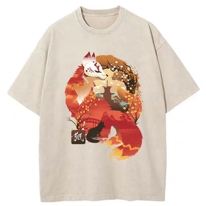 Tokyo-Tiger Japanese Kitsune Fox Washed T-Shirt