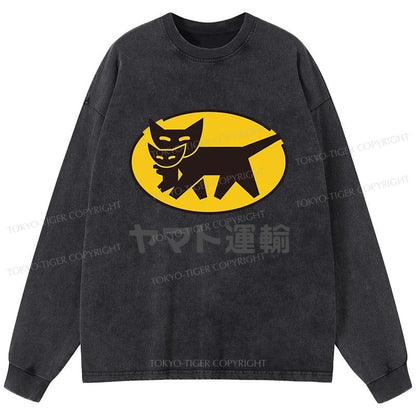 Tokyo-Tiger Black Cat Transport Pattern Japanese Washed Long Sleeve T-Shirt