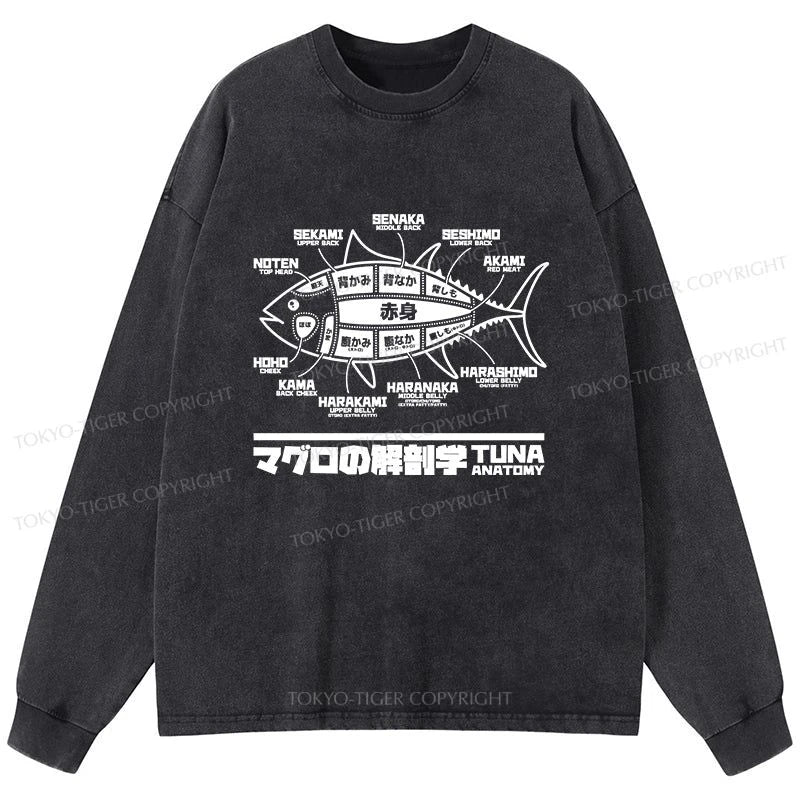 Tokyo-Tiger Tuna Dissection Map Japanese Washed Long Sleeve T-Shirt