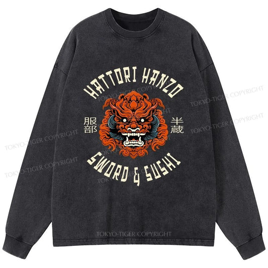 Tokyo-Tiger Japanese Hattori Hanzo Prints Washed Long Sleeve T-Shirt