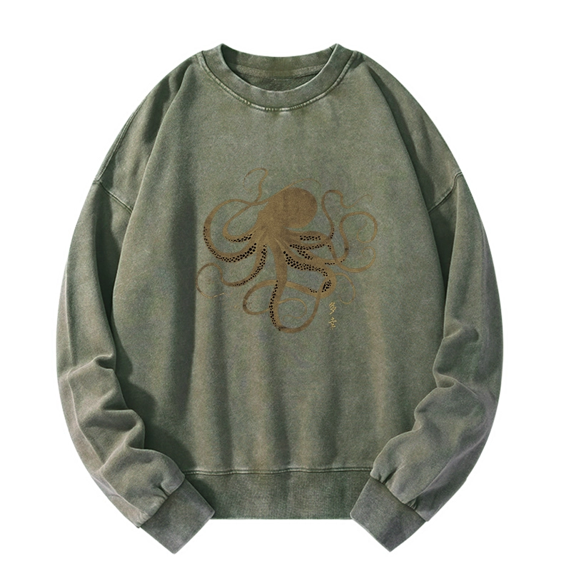 Tokyo-Tiger Octopus Japanese Gold Print Tattoo Washed Sweatshirt