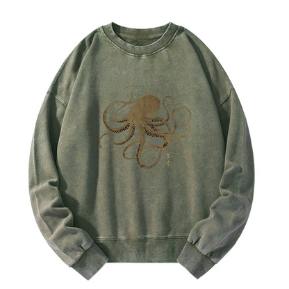 Tokyo-Tiger Octopus Japanese Gold Print Tattoo Washed Sweatshirt