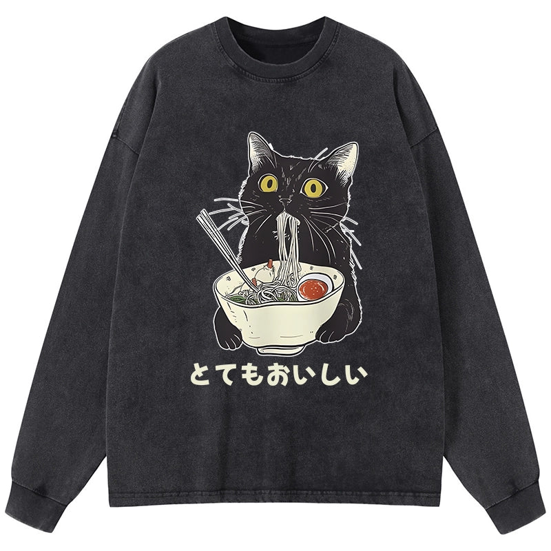 Tokyo-Tiger Cats Eat Ramen Noodles Washed Long Sleeve T-Shirt