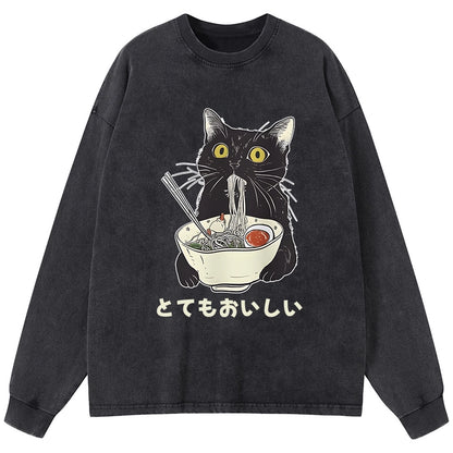 Tokyo-Tiger Cats Eat Ramen Noodles Washed Long Sleeve T-Shirt