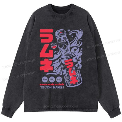 Tokyo-Tiger Ramune Print Japanese Washed Long Sleeve T-Shirt