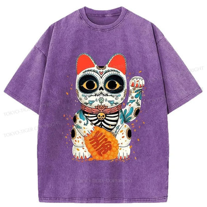 Tokyo-Tiger Skeleton Lucky Cat Washed T-Shirt