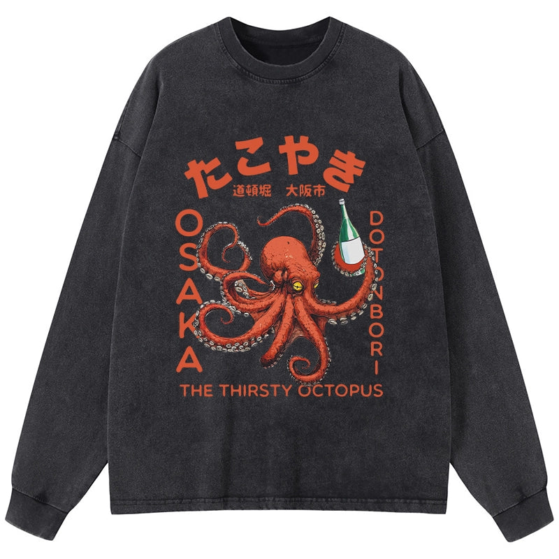 Tokyo-Tiger Octopus Drinks Soju Washed Long Sleeve T-Shirt