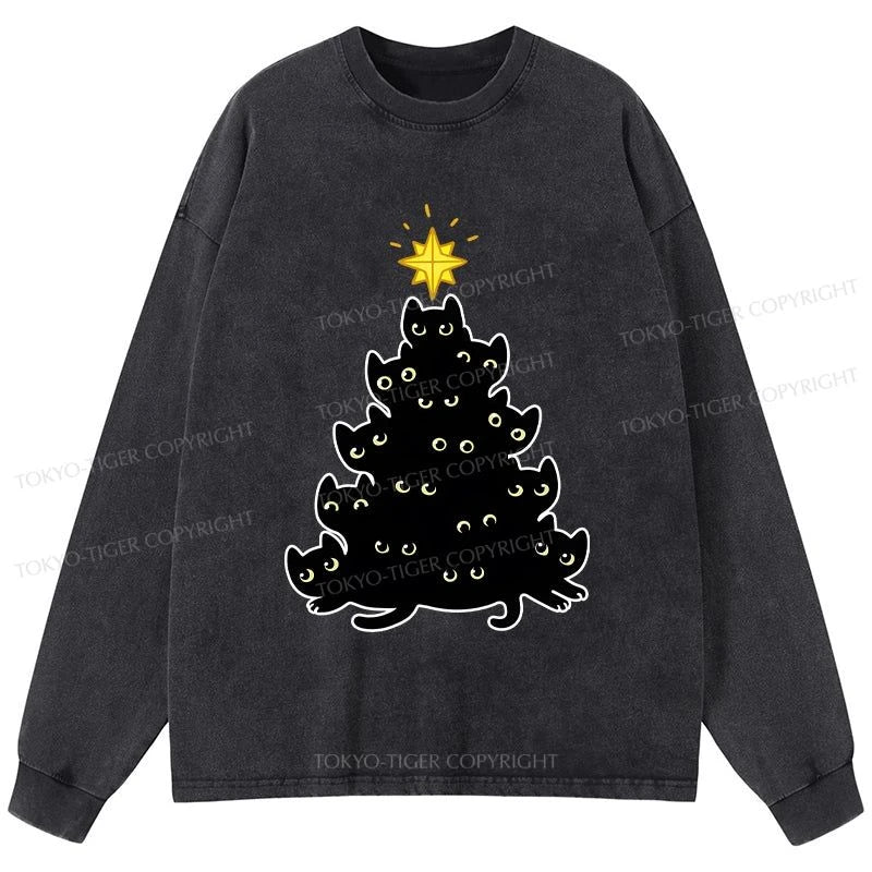 Tokyo-Tiger Black Cat Christmas Tree Washed Long Sleeve T-Shirt