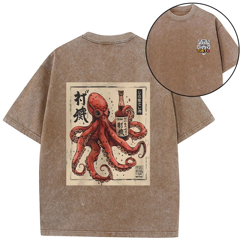 Tokyo-Tiger Osaka Saké Octopus Front Back Washed T-Shirt