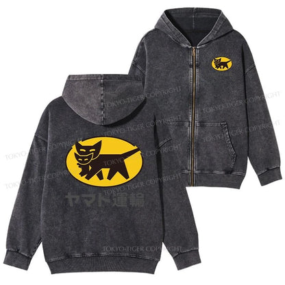 Tokyo-Tiger Black Cat Transport Pattern Japanese Washed Zip Hoodie