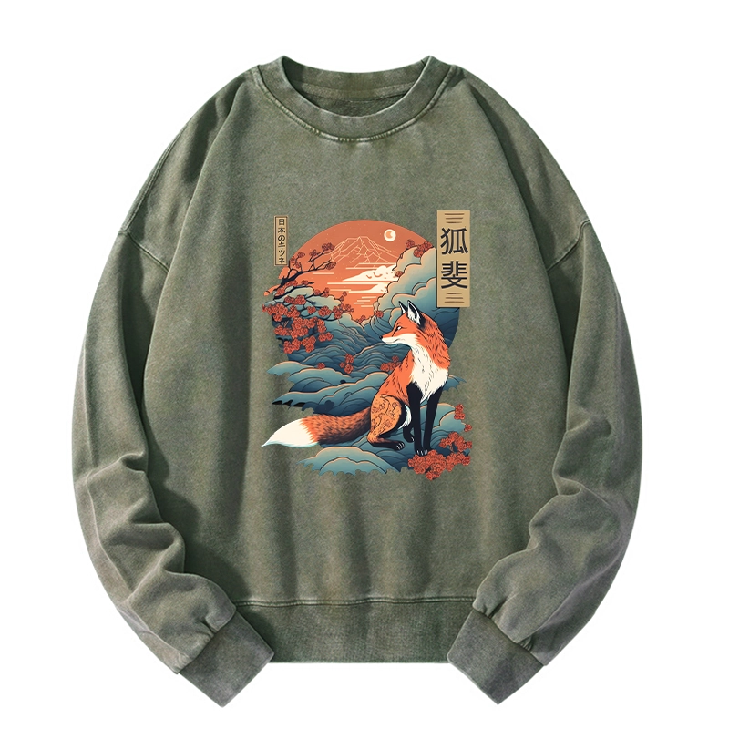 Tokyo-Tiger Japanese Kitsune Fox Sakura Washed Sweatshirt