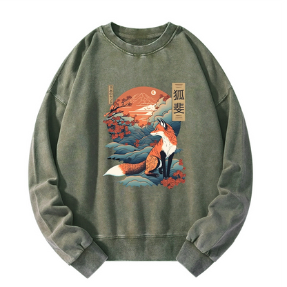 Tokyo-Tiger Japanese Kitsune Fox Sakura Washed Sweatshirt