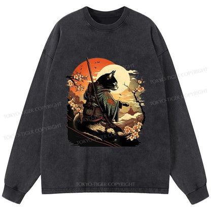 Tokyo-Tiger Cat Ninja Ukiyo-e Anime Style Samurai Washed Long Sleeve T-Shirt