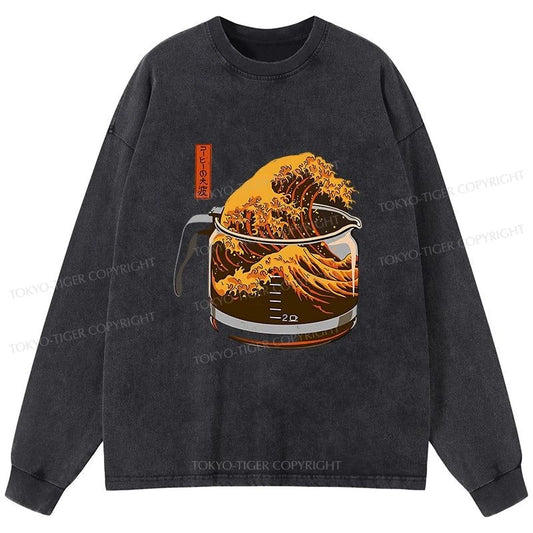 Tokyo-Tiger The Great Wave Of Coffee Japanese Washed Long Sleeve T-Shirt