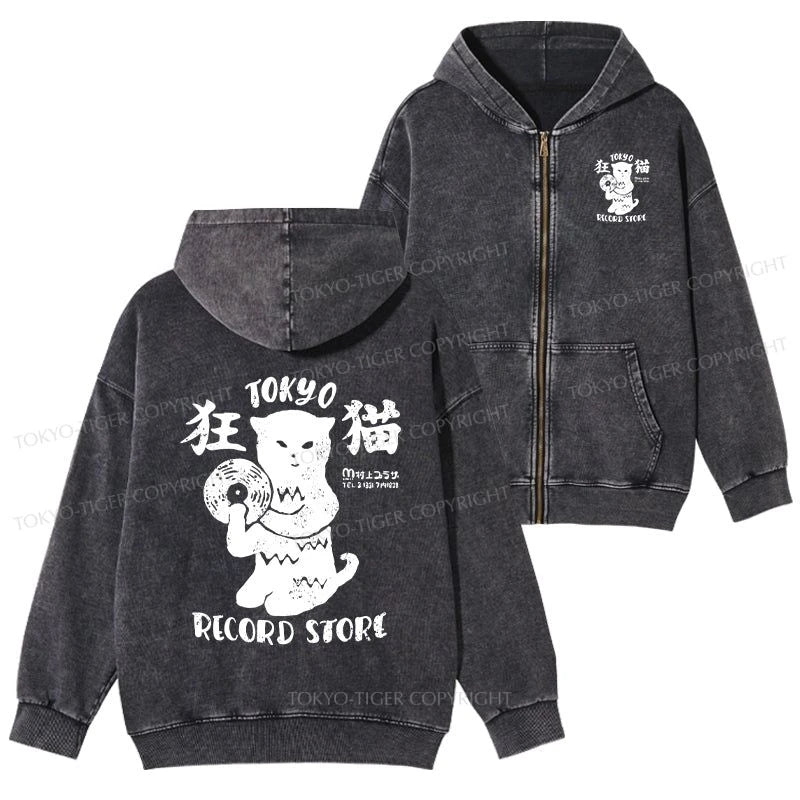 Tokyo-Tiger Tokyo Record Store Cat CD Washed Zip Hoodie