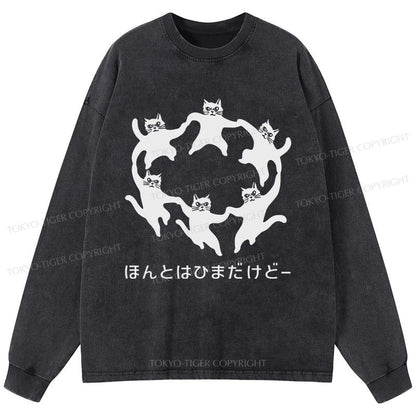 Tokyo-Tiger Leisure Cats Japanese Washed Long Sleeve T-Shirt