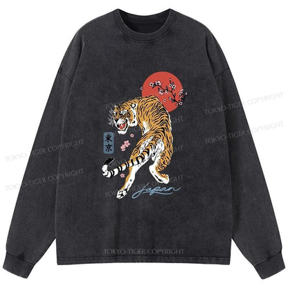 Tokyo-Tiger Tiger Blossom Japanese Sakura Washed Long Sleeve T-Shirt