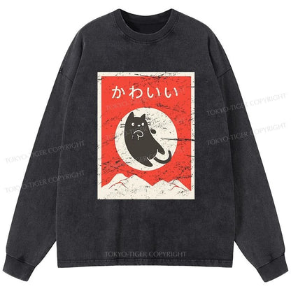 Tokyo-Tiger Cute Black Cat Japanese Washed Long Sleeve T-Shirt