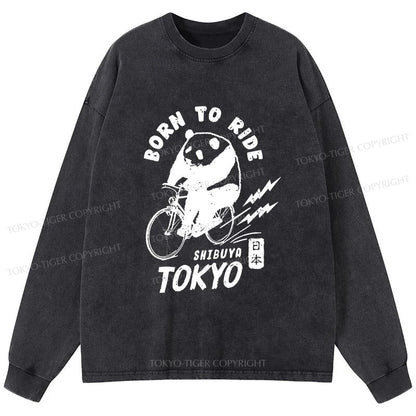 Tokyo-Tiger Pandas Ride Bicycles Washed Long Sleeve T-Shirt