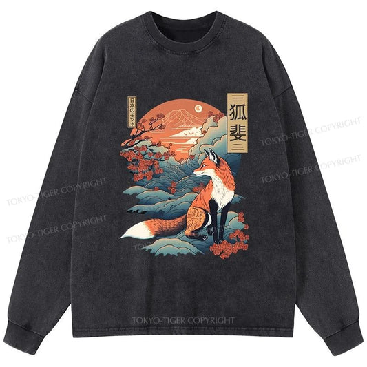 Tokyo-Tiger Japanese Kitsune Fox Sakura Washed Long Sleeve T-Shirt