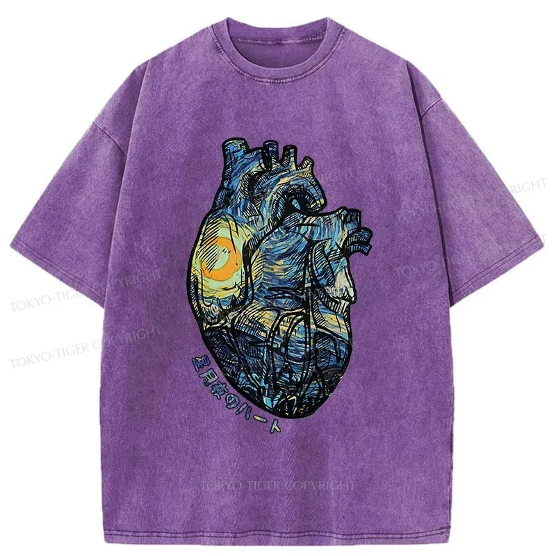 Tokyo-Tiger Van Gogh Starry Night Sky Heart Japanese Washed T-Shirt