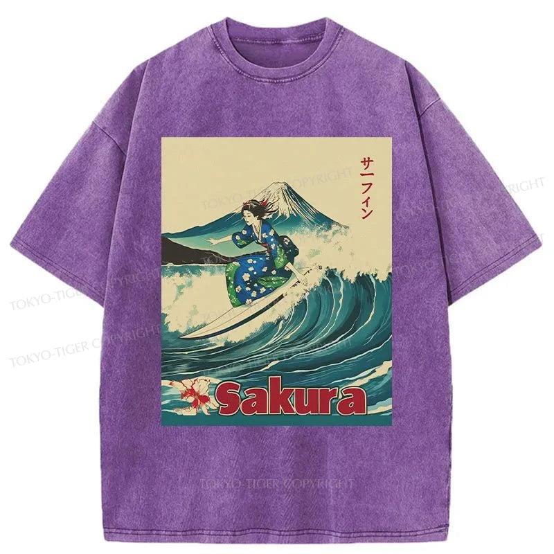 Tokyo-Tiger Geisha Surfing Washed T-Shirt