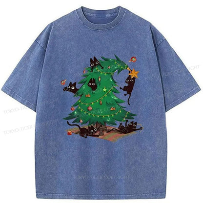 Tokyo-Tiger Cat Hiding In The Christmas Tree Washed T-Shirt