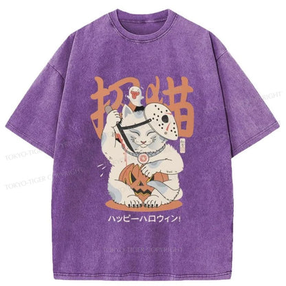 Tokyo-Tiger Halloween Cat Maneki Neko Japanese Washed T-Shirt