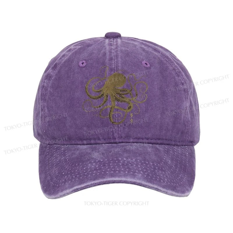 Tokyo-Tiger Octopus Japanese Gold Print Tattoo Washed Cap